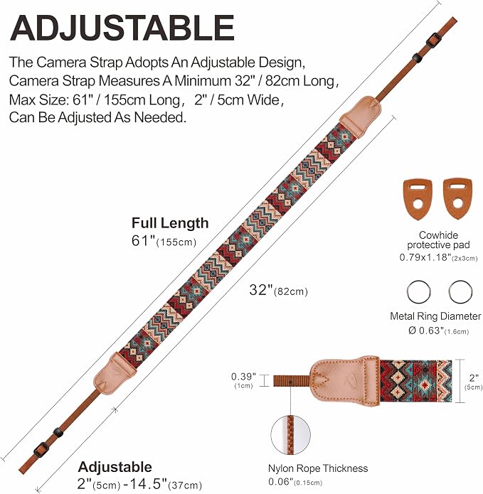 Padwa Lifestyle Camera Strap - 2" Cowhide Head Camera Straps for Photographers,Vintage Jacquard Embroidery Woven Cotton Adjustable Shoulder Neck Straps for Cameras,Binoculars（Cool Ethnic Style Brown） - Image 5