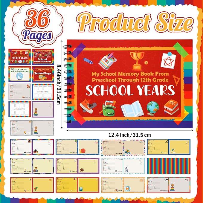 Motipuns School Memory Book Photo Album for Kids, Horizontal Style | School Years Keepsake Book Album Scrapbook from Preschool Through 12th Grade with 14 Pocket for Storage Portfolio Pictures - Image 2