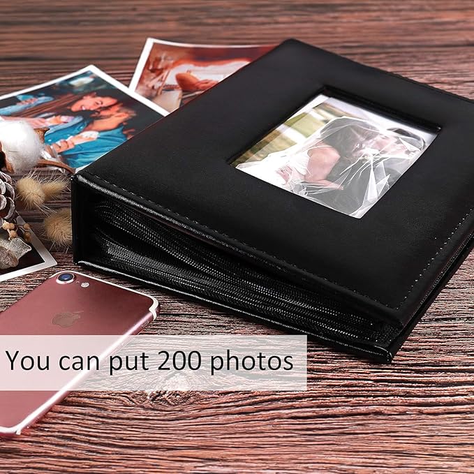 RECUTMS Photo Album 4x6 Pictures 200 Pockets Leather Wedding Albums Black | Black Page, Horizontal Pockets, Slide In Photo Album for Anniversary, Family, Small Graduation Photobook, DIY Cover Window - Image 2