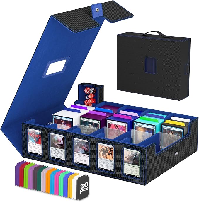 5 Row Trading Card Storage Box, Fit 4200+ Sleeveless Cards, Black & Blue | Large Capacity, Portable Handle, Include 30 Divider, 8 Supporters, 1 Dice Tray, Compatible for MTG/TCG/Magic Sports Cards by Gomyrod