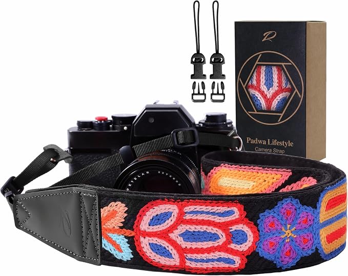 Padwa Lifestyle Colorful Crochet Camera Strap - 2" Full Grain Leather Ends Camera Straps for Photographers, Vintage Woven Cotton Soft Suede Fabric Padded Strap with Quick Release fits All Cameras by PadwaLifestyleCameraStrap