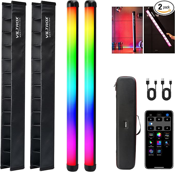 VILTROX K60 2 Pack RGB LED Video Light Stick with APP Control, Handheld 360° RGB Tube Light Wand for Photography, 2500K-8500K Dimmable, CRI97+,26 Light Scenes, LCD Display, 2200mAh Battery by ViltroxOfficial