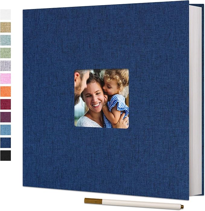 Vienrose Large Self Adhesive Photo Album with Window 13x12.6 60 Pages Blue | Linen Cover, Scrapbook, Fits 4X6 8X10 10X12 Pictures, Metallic Pen, Diy by Vienrose