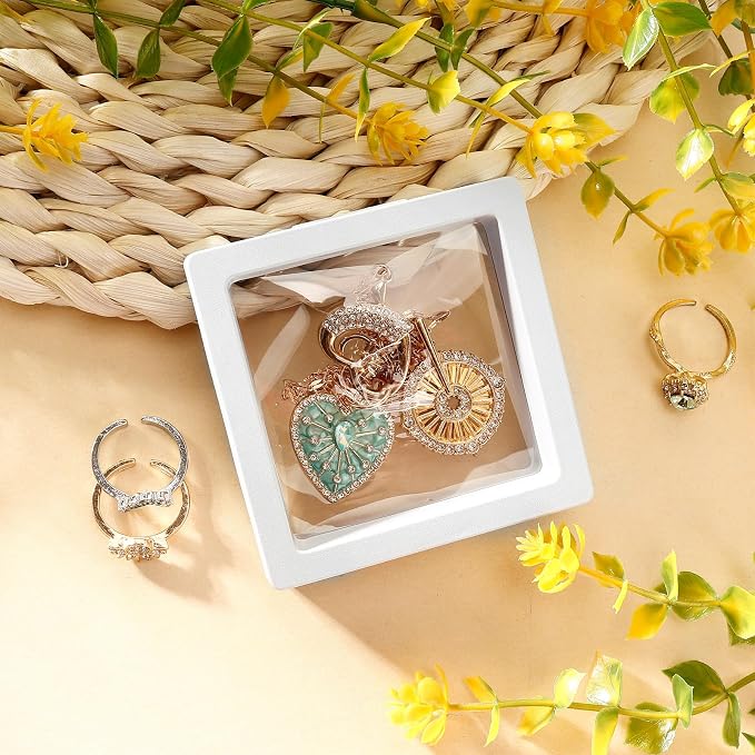 12 Pcs 3D Floating Frame Display Stand, Transparent Jewelry Gift Boxes | 2.75 x 2.75 x 0.8 Inch Small Jewelry Gift Boxes with PE Film, for Earrings Necklaces Rings Coins Specimens Crafts, White - Image 3