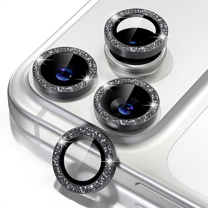 Misea Compatible for iPhone 17 Pro/iPhone 17 Pro Max Camera Lens Protector | 9H Tempered Glass Ultra HD Bling Camera Screen Protector Cover Metal Individual Ring Decoration Accessories, Black Glitter by Misea