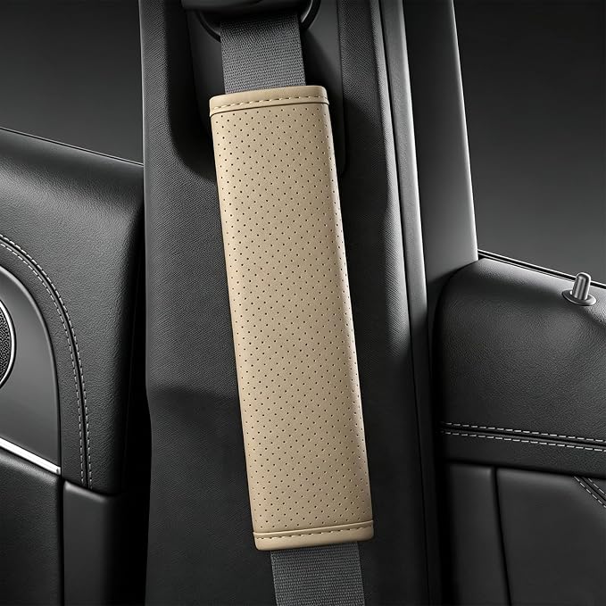 Beige Breathable PU Leather Seat Belt Covers - 2Pcs, Perforated Seat Belt Pads, Universal Fit for Car Truck SUV - Image 4