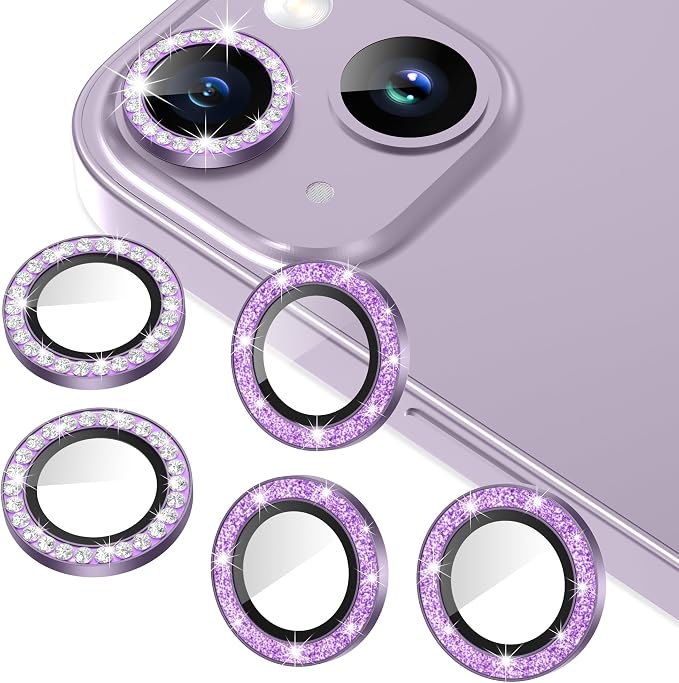AGVEE 3+3 6 Pack for iPhone 14/14 Plus Camera Lens Protector Cover | Individual Bling Diamond & Bling Glitter Sparkle Cute Gem Metal Ring, 9H Tempered HD Glass by AGVEE