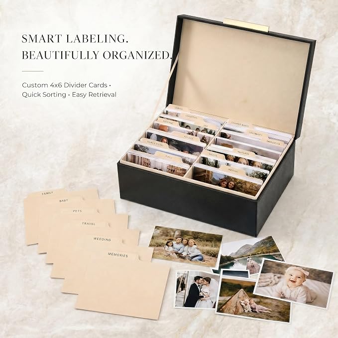 Decorative Photo Storage Box - PU Leather Organizer for 1200 4x6 Photos | Sturdy Scrapbook Storage Containers with Dividers and Lid - Portable Box Safely Stores Your Pictures - Image 4