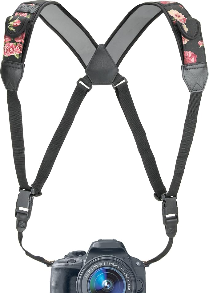 USA Gear DSLR Camera Strap Chest Harness with Quick Release Buckles, Floral Neoprene Pattern and Accessory Pockets - Compatible with Canon, Nikon, Sony and More Point and Shoot and Mirrorless Cameras by USAGEAR