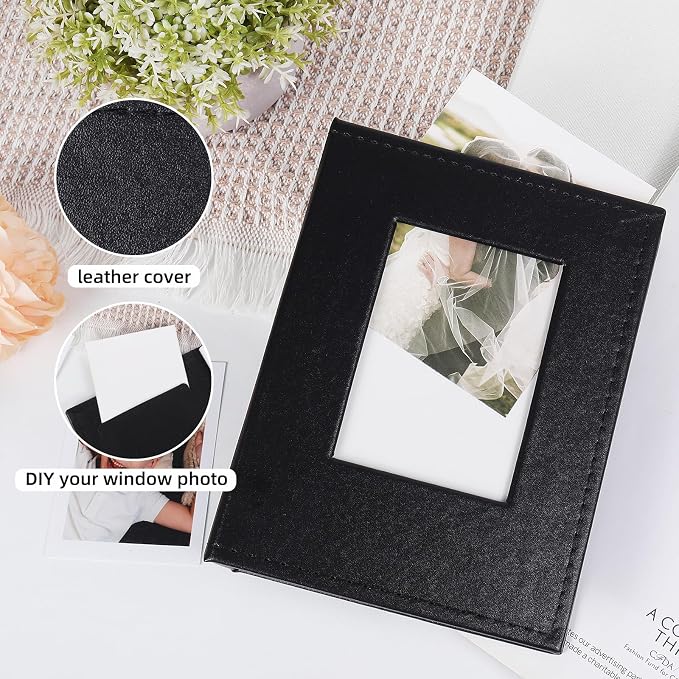RECUTMS Small Photo Album 4x6 52 Photos Leather Photobook for Wedding Black | White Inner Page, 52 Vertical Pockets, Mini Pictures Album for Artwork, Postcards, Family, Baby Memory Book with Front Window - Image 3