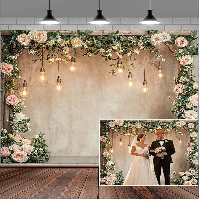 10x8ft Country Wedding Valentines Day Photography Backdrop Floral Roses Farmhouse Wooden Door Backdrop Pink Flower Birthday Baby Shower Bridal Party Banner Photo Booth Props Anniversary Background by Mtsxfy