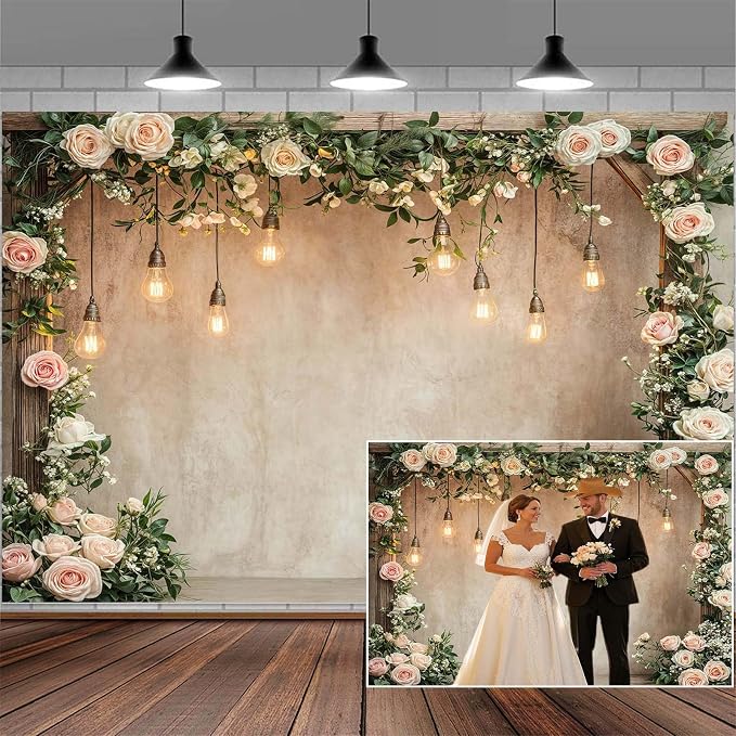 8x6ft Country Wedding Photography Backdrop Floral Rustic Roses Farmhouse Wooden Door Backdrop Pink Flower Birthday Baby Shower Wedding Bridal Party Banner Photo Booth Props Anniversary Background by Mtsxfy