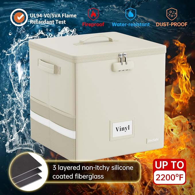 DocSafe Fireproof Vinyl Record Storage Box with Lock, Beige, 13"x13"x13" | Record Organizer for 100+ Single Records(12-inch),Collapsible,with Lid&Handles,Valuable Album Collection,Home&Travel Safe - Image 2