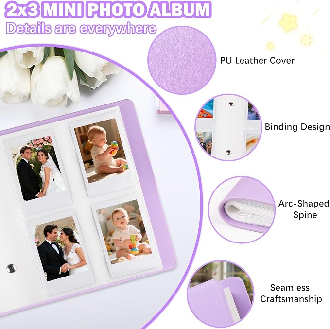 Ruibytree 320 Pockets Album for Instax Mini & Polaroid 2x3" Pictures Purple | Gift-Ready Packaging, PU Leather Cover, Acid-Free Pages, Side-Loading Clear Pockets, Durable Binding, Easy Photo Viewing - Image 4