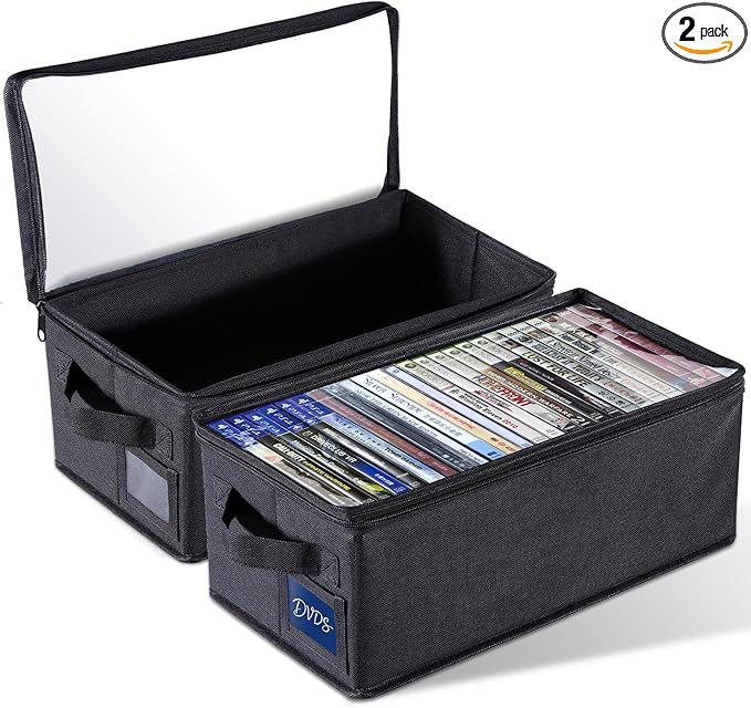 CCidea DVD Storage Box with Clear Window - 15.75" Foldable Media Organizer, Premium Zipper Closure, Holds 27+ DVDs, Dustproof Non-woven Fabric, Reinforced Handles & Label Slot (2) by CCidea