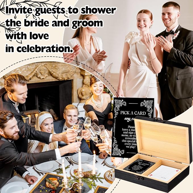 AceOrbit 57 Pack Black Wedding Guest Book Playing Cards Set with Wooden Box | Wedding Signing Guestbook Alternative Personalized Blank Deck of Cards for Guest Reception Modern Vegas Bridal Shower Games - Image 4
