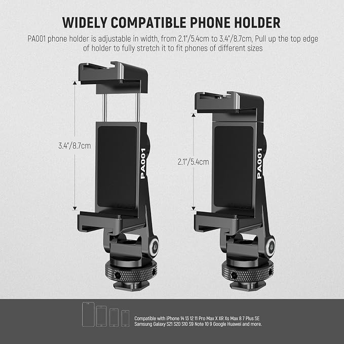 NEEWER Metal Phone Tripod Mount Adapter with Cold Shoe Base, PA001 | 360° Phone Holder, 2 Cold Shoe Mounts for Video Light/Mic, Vlogging, Universal Compatible with iPhone Samsung Huawei - Image 3