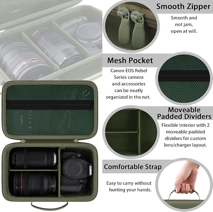 khanka Camera Case for Canon EOS Rebel R6 V/T7/T100/T6/R50/R100/R5/R7/R8/R6 Mark II/SL3 DSLR Camera,Travel Carrying Case for Canon EOS Rebel Camera and 18-55mm/18-45mm Lens(Military Green Case) - Image 6