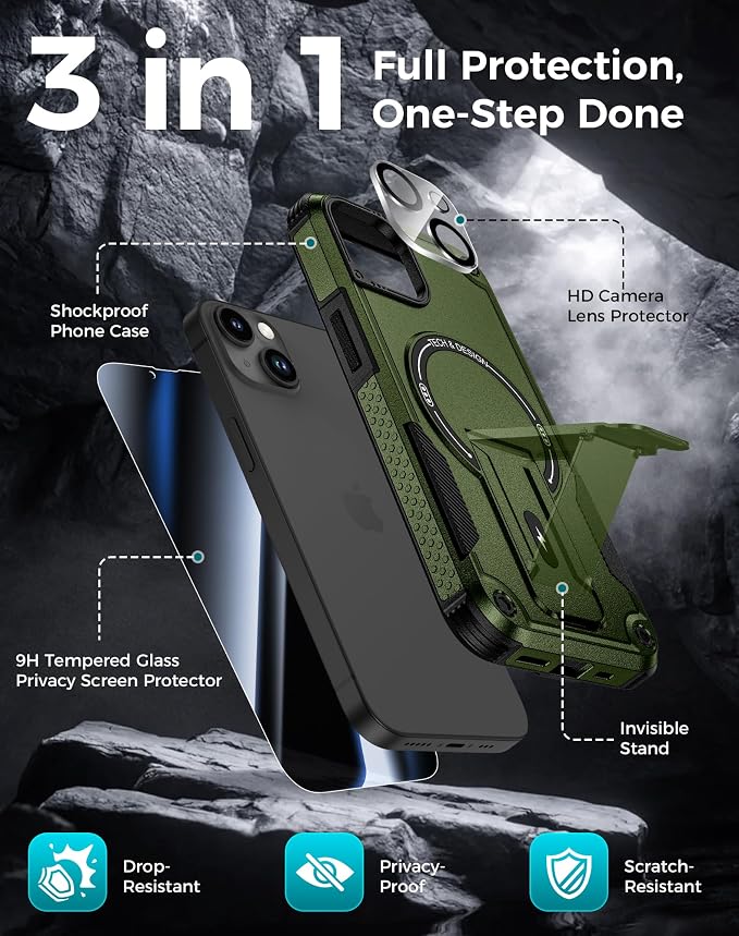 Goton 3 in 1 for iPhone 14 Case with Privacy Screen Protector Green | Glass Camera Lens Protector,Compatible for MagSafe,Invisible Kickstand, Shockproof Phone Cover for iPhone14 - Image 3