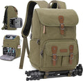 RAINSMORE Camera Backpack, DSLR SLR Mirrorless Camera Bag for Photographer | 15.6 Inch Vintage Canvas Camera Case with Laptop Compartment & Tripod Holder & Rain Cover for Sony Canon Nikon Fujifilm Green by RAINSMORE
