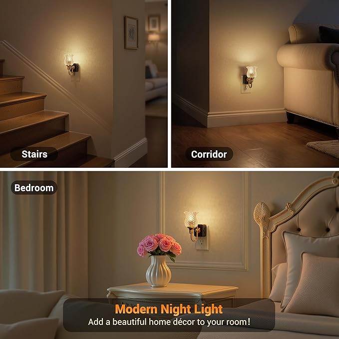 JandCase Night Light, Glass Night Lights Plug into Wall Dimmable | Floral LED Nightlight, 0-100LM Flower Nightlights, Dusk to Dawn Sensor, 1W Vintage Nite Light for Bathroom Hallway Gift Decor - Image 5