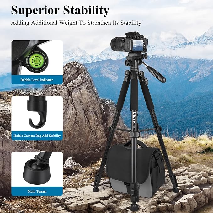 VICTIV 74” Camera Tripod, Tripod for Camera and Phone with Phone Holder | Aluminum Professional Tripod Stand for Canon Nikon with Carry Bag, Compatible with DSLR, iPhone, Spotting Scopes, Gopro - Image 8