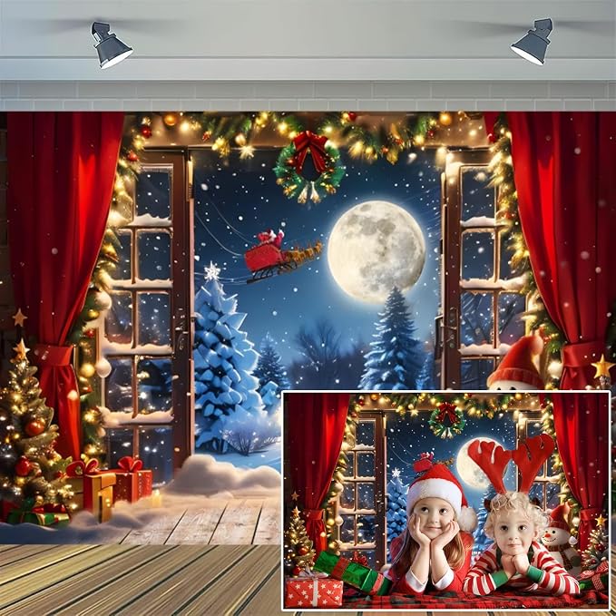 Christmas Backdrop 6x4ft Winter Full Moon Snow Pine Trees Forest Santa Claus Background Snowman Xmas Tree Party Decors Photo Booth Props - Image 2