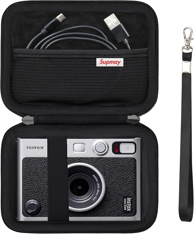 Carrying Case Compatible with Fujifilm Instax Mini EVO Instant Camera, INSTAX MINI EVO Camera Storage Holder Travel Bag with Mesh Pocket for Photos, USB Cables, Film, Black by Supmay