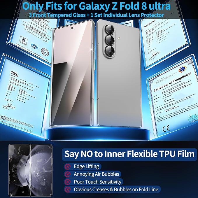 letosan 3 Pack for Samsung Galaxy Z Fold 8 Ultra Screen Protector Tempered Glass + 1 Pack Camera Lens Protector, Military Grade Shatterproof, 9H+ Hardness, Auto Alignment Frame 6.5 Inch - Image 8
