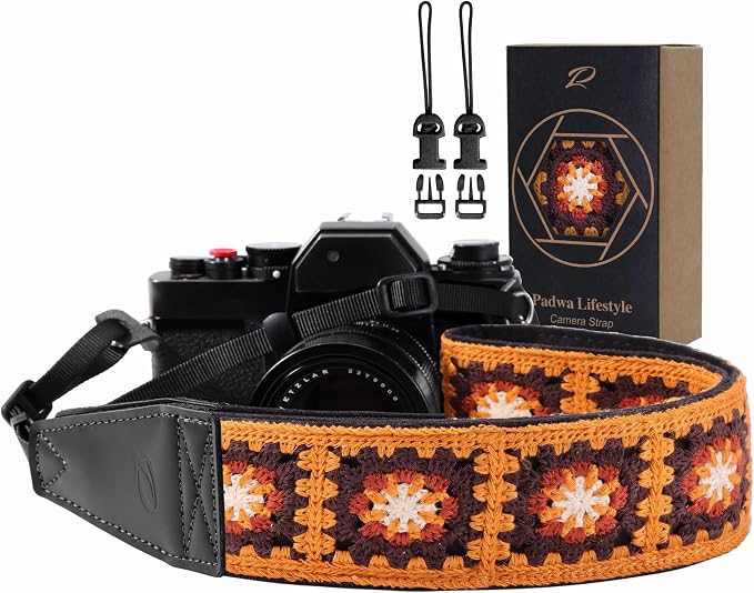Padwa Lifestyle Yellow Crochet Camera Strap - 2" Full Grain Leather Ends Camera Straps for Photographers, Vintage Embroidered Cotton Soft Suede Fabric Padded Strap with Quick Release fits All Cameras by PadwaLifestyleCameraStrap