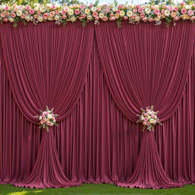 10 Panels Burgundy Backdrop Curtains for Wedding Party Wrinkle Free Backdrops Curtain Drapes Fabric Decorations Maroon Photo Back Drop for Baby Shower Photography Stage Reception 50ft(W) x 12ft(H) - Image 3