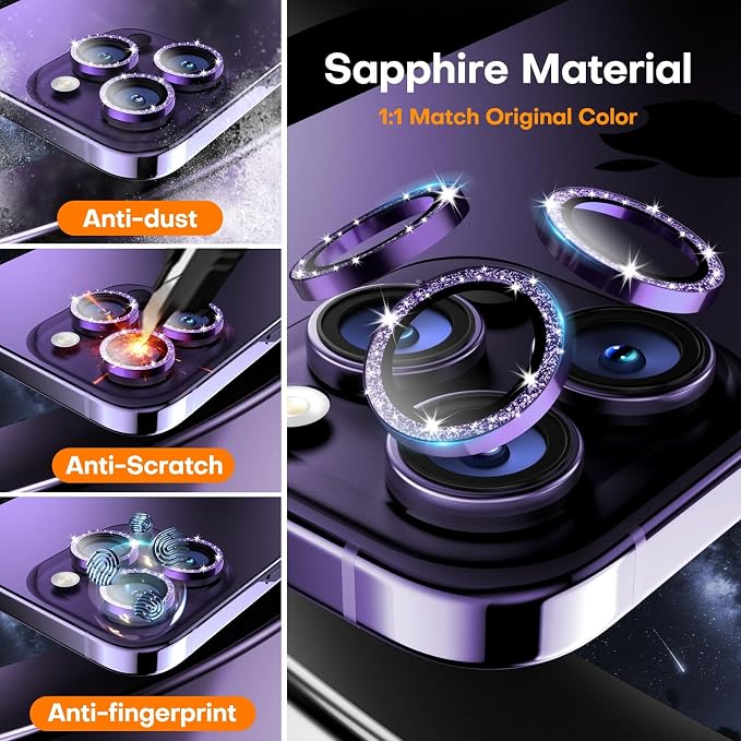 Camera Lens Protector for iPhone 14 Pro Max/14 Pro- Glitter Purple | 9H Tempered Glass, Metal Individual Camera Cover, Accessories, Anti-drop, Case Friendly, HD Clear, Anti-Scratch - Image 3