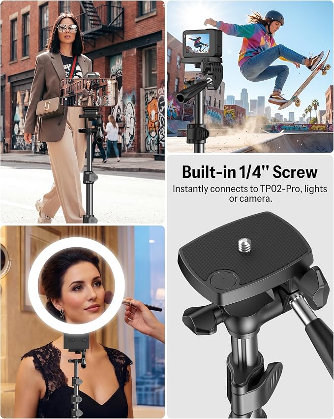 OMOTON TP02-Pro-PK 65" Magnetic Phone Tripod Kit with Fill Light & 2 Remote | Arca-type Base with a 1/4" Screw Hole, Adjustable Height, 10-level Adjustable Brightness, USB-C Charging, for iPhone 12-17 - Image 6