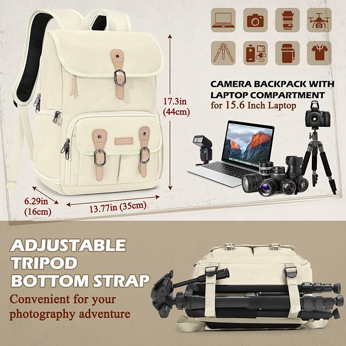 RAINSMORE Camera Backpack, DSLR SLR Mirrorless Camera Bag for Photographer | 15.6 Inch Vintage Canvas Camera Case with Laptop Compartment & Tripod Holder & Rain Cover for Sony Canon Nikon Fujifilm Beige - Image 5