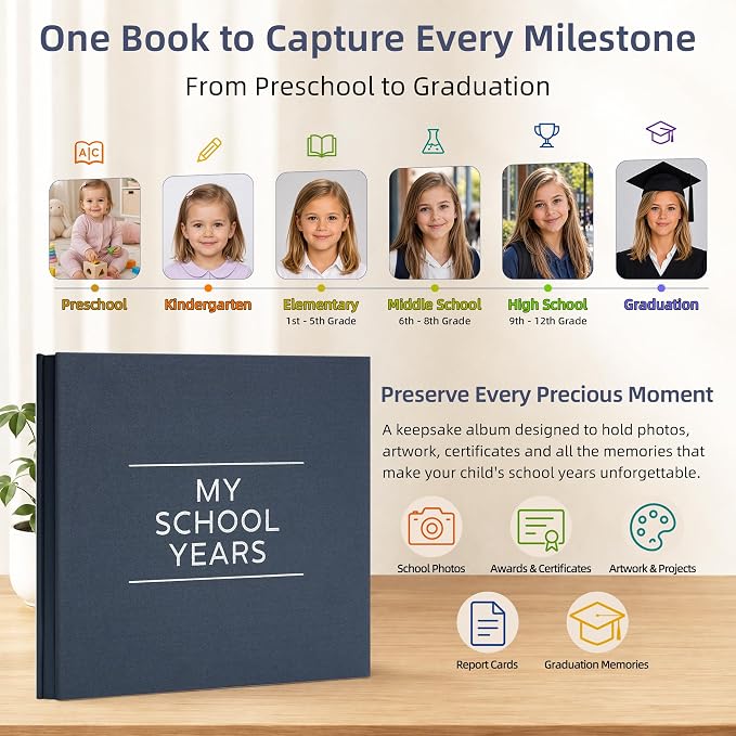 Large School Photo Album 12x12In Self Adhesive 60 Pages Gray Blue | Linen cover, Marker, Corner stickers, School picture album, Kids keepsake - Image 3