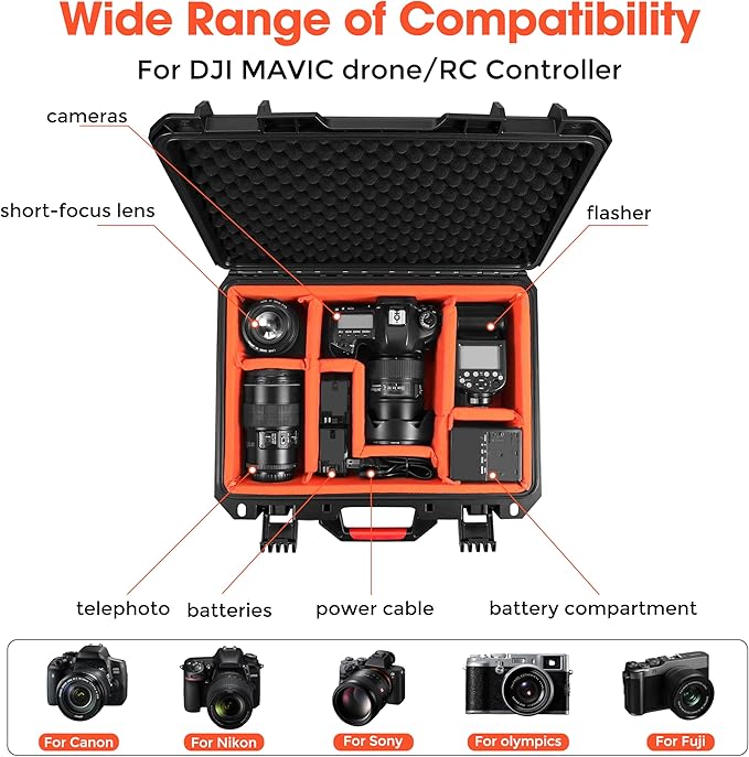 Camera Hard Case DSLR SLR Lens Waterproof Travel Weatherproof Cases | Large Carrying Protection Dividers For DJI Mavic/Air/Mini Drones for Sony FE 400-800mm For Gopro (Only Case) 16.2x12.8x7inch - Image 2
