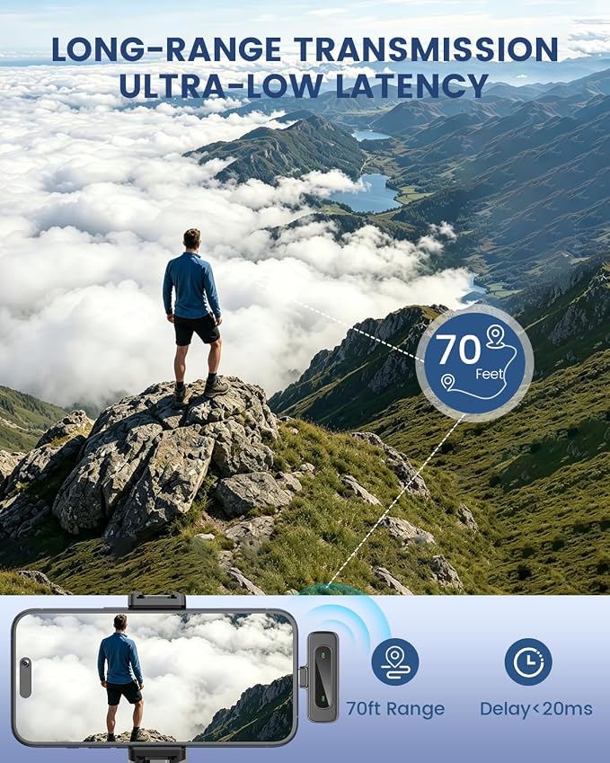 Wireless Microphone for iPhone & Android, 2-Pack Mini Lavalier Mic | 2 magnetic clip-on mics with noise reduction, 360° rotating clips, up to 70 ft range, and 16 hours of combined battery life - Image 6