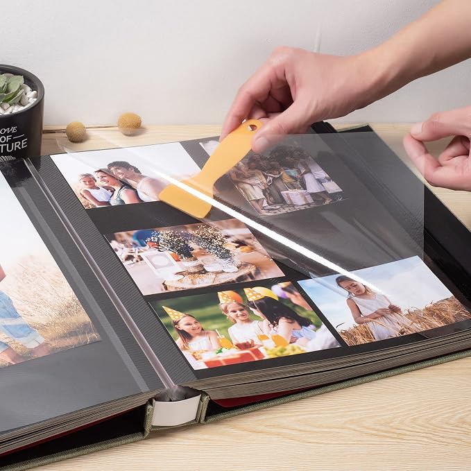 Large Photo Album Self Adhesive 4x6 5x7 3x5 8x10 Scrapbook Magnetic Album DIY Scrap Book Length 13 x Width 12.8 (Inches) 120 Black Sticky Pages Linen Cover DIY Photo Album(Gress Green) - Image 2