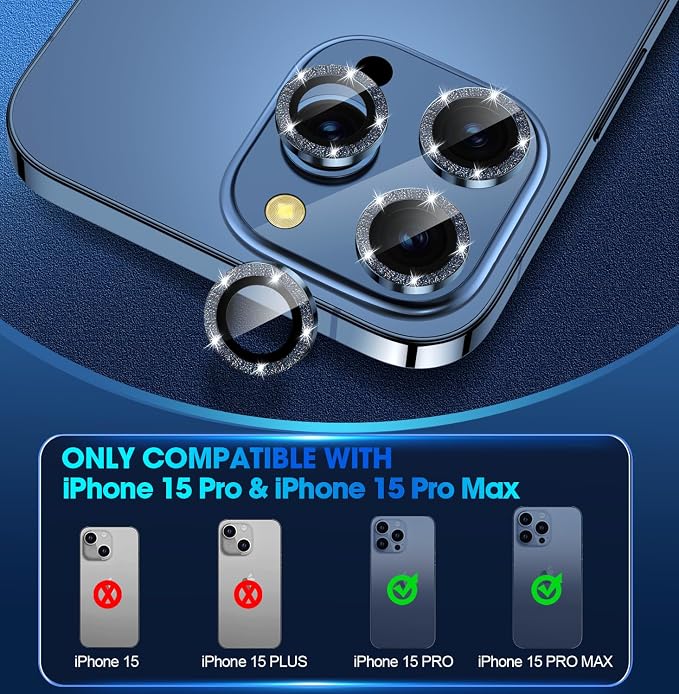 for iPhone 15 Pro/15 Pro Max Camera Lens Protector Glitter, Blue | Individual Metal, 9H Hardness, Scratch Resistant, Shockproof, Drop Protection, Case Friendly, Stylish Accessories - Image 2