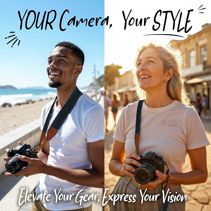 Camera Strap - Shoulder, Crossbody & Neck Camera Strap for Photographers, Fits All Cameras, Canon Nikon Sony Fujifilm, Padded Strap W/ Quick Release, Embroidered Cotton & Leather Ends, Blue Jeans - Image 2