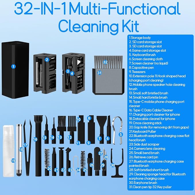 32-in-1 Keyboard Cleaning Kit iPhone Charging Port Speaker Cleaner | Multifunction Clean Tools for Airpods iPad MacBook Keyboard Earbuds Camera Computer Laptop Screen Electronics (Black) - Image 2
