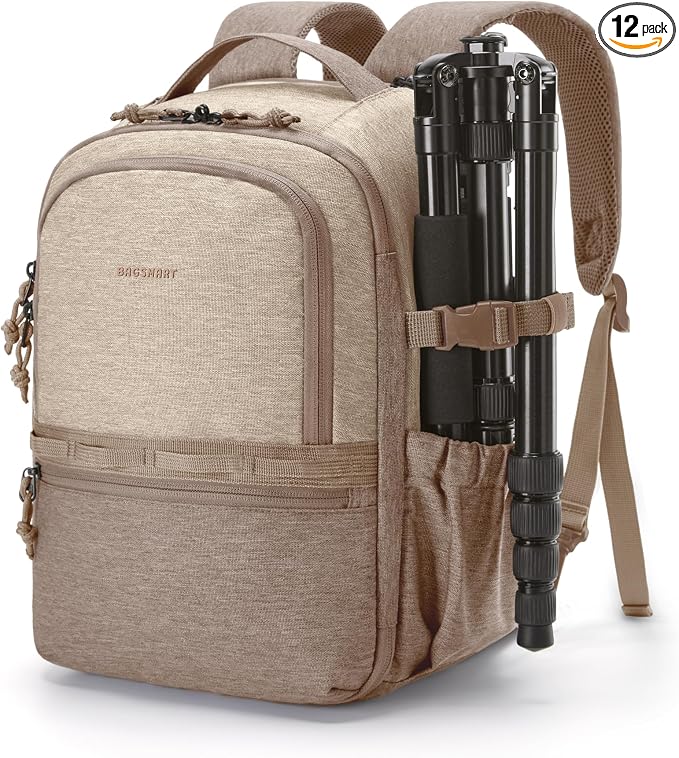 BAGSMART 2 in 1 Small Camera Backpack for DSLR, Fits 12.9" iPad, Camel | Small SLR Camera Bags for Photographers with Shoulder Strap, Compatible for Sony Canon Nikon, Travel Backpack for Men Women by BAGSMART