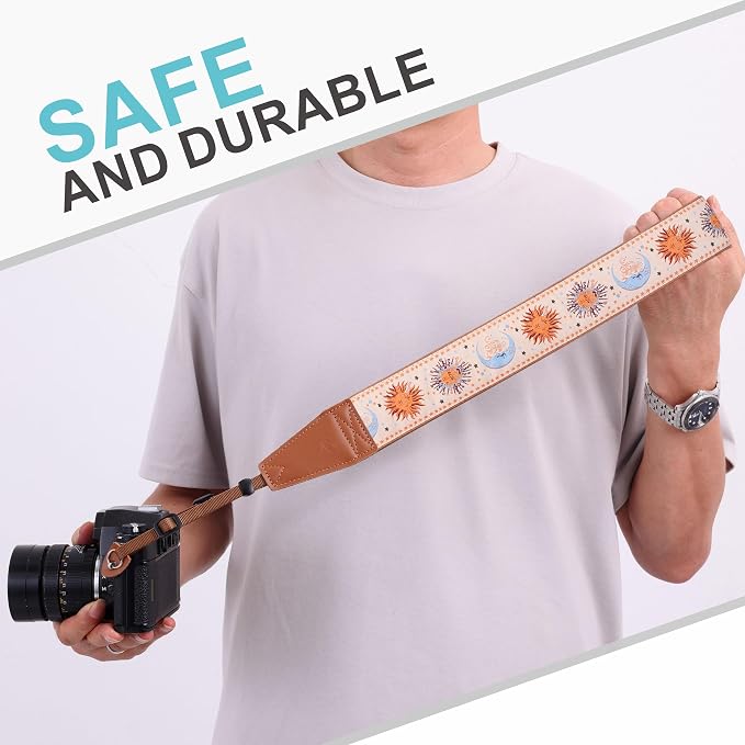 Padwa Lifestyle Tan Sun God Camera Strap - 2" Full Grain Leather Ends Camera Straps for Photographers, Vintage Embroidered Cotton Soft Suede Fabric Padded Strap Quick Release fits All Cameras - Image 4