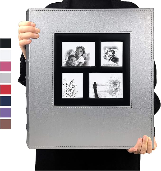 RECUTMS Photo Album 4x6 Pictures 600 Pockets Leather Wedding Albums Silver | Large Capacity, Horizontal and Vertical Pockets, Family PhotoBook with Front Window, Black Pages, Graduation Baby Memory Book by RECUTMS