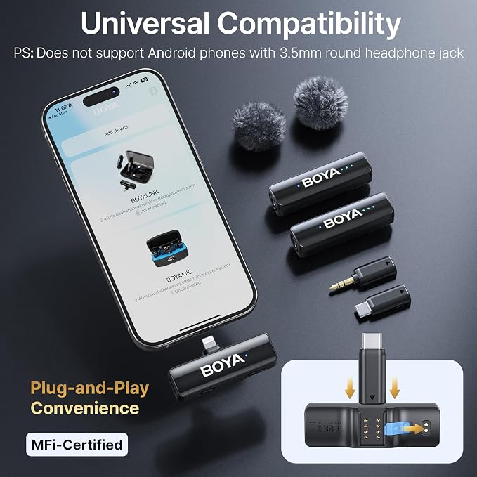 BOYA BOYALINK 2 A2 (2TX+3RX Adapter) Wireless Lavalier Microphone for iPhone Camera Android, Clip on Mic, 48 KHz 24 Bit, 6mm Mic, 1000ft, Noise Cancelling, Mini Lapel Mic USB-C/Lightning/3.5mm TRS - Image 3