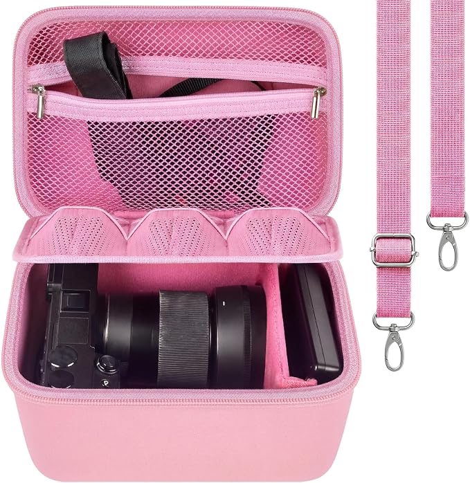 casmilee Camera Case for Sony Alpha ZV-E10 Alpha a6400/ a6700/ a6100/ a6000/ a6600/ a6500 Mirrorless Digital Camera, Hard Travel Bag with a Shoulder Strap for Lens & Accessories (Pink, Large) by Casmilee