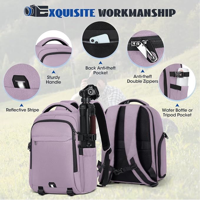 Camera Backpack Camera Bag for Photographers DSLR SLR Mirrorless Camera Cases with Waterproof Rain Cover & Laptop Compartment Fits 14 Inch Laptop,Anti Theft Travel photography backpack,Pink - Image 8