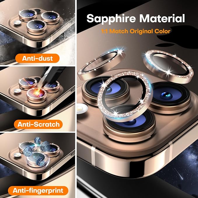 Camera Lens Protector for iPhone 16 Pro Max/16 Pro- Glitter Desert | 9H Tempered Glass, Metal Individual Camera Cover, Accessories, Anti-drop, Case Friendly, HD Clear, Anti-Scratch - Image 3