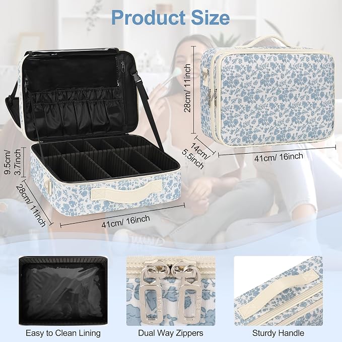 Relavel Large Makeup Bag, Floral Cosmetic Bag for Women, Professional Travel Train Case Portable Makeup Artist Bag Make Up Storage Organizer Box with Adjustable Dividers and Makeup Brush Compartment - Image 6