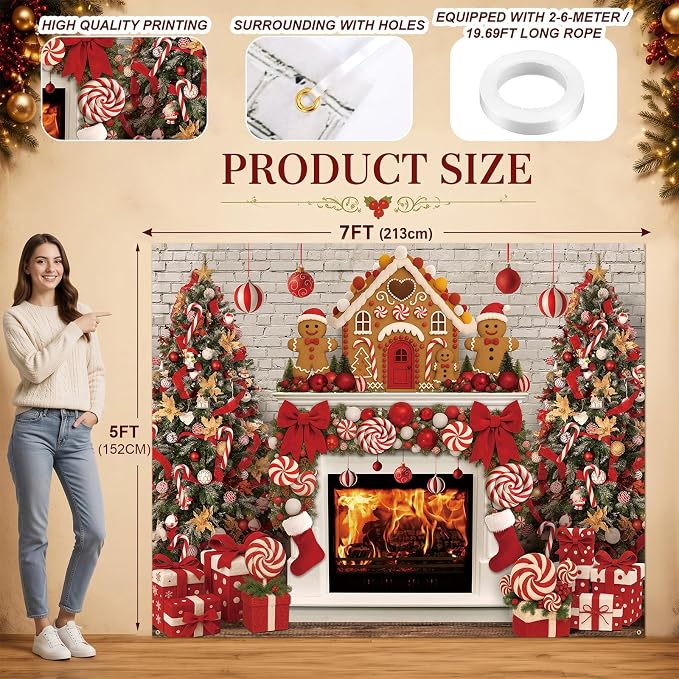 Peryiter Christmas Backdrop for Photography Xmas Tree Stocking Candy Gift Polyester Background Decoration Party Backdrop for Home Decoration Photo Studio Props (7x5 ft,Gingerbread House) - Image 2